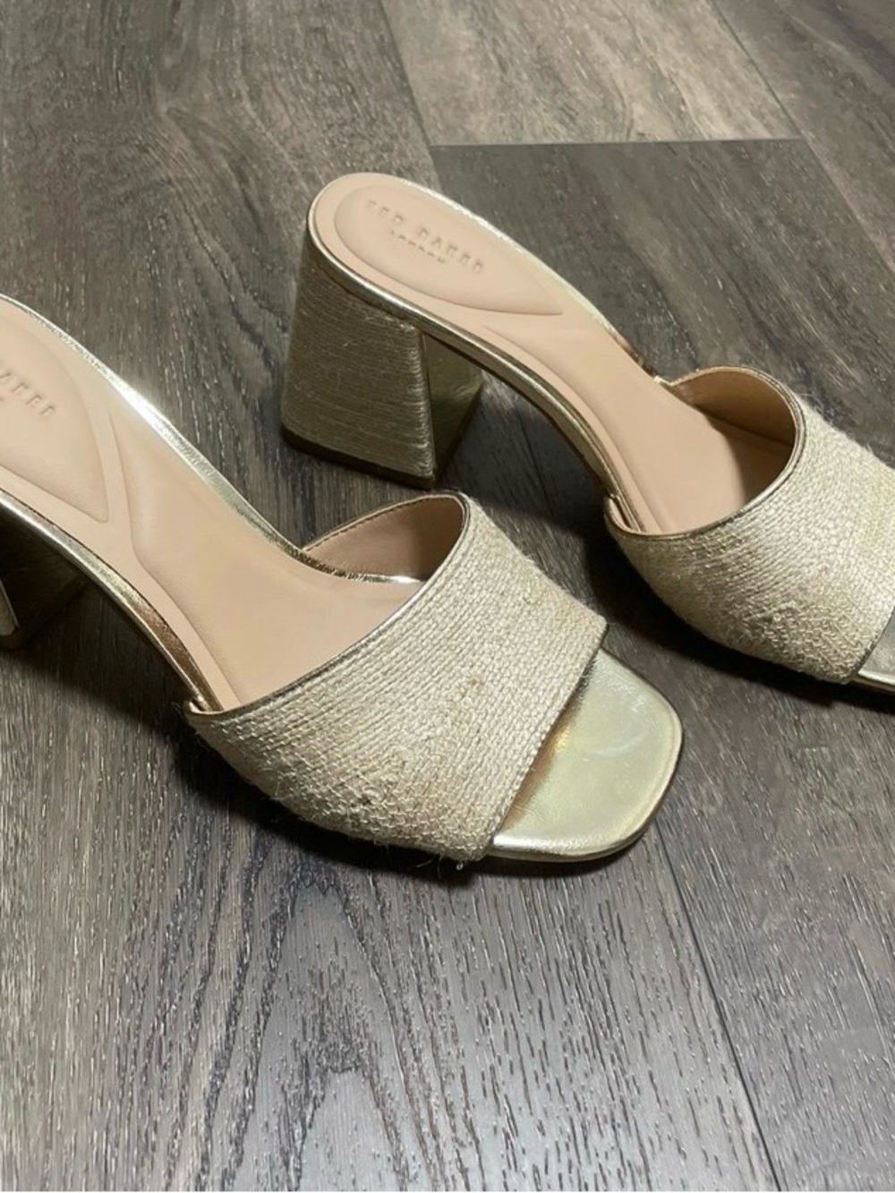 Ted Baker Metallic Gold Woven Block Heel Mules